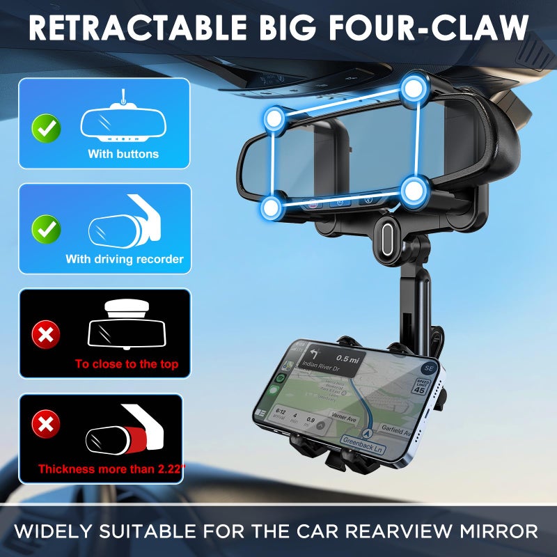 IPOW Large Rearview Mirror Phone Holder for Car 360Â°Rotatable and Retractable, 2024 Upgraded Four Corners Fixed Anti-Shake Multifunctional Design for Car Rearview Mirror with Button - Image 5