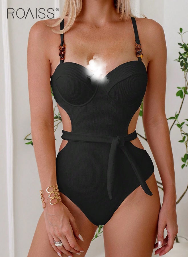 roaiss One Piece Backless Bikini Swimsuit for Women Quick Drying and Skin Friendly Solid Color Push up Swimming Suits with Belt Ladies Slim Fit Surf Beach Wear Resort Hot Spring Wear - Image 2