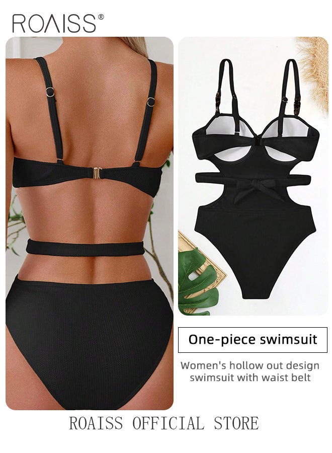 roaiss One Piece Backless Bikini Swimsuit for Women Quick Drying and Skin Friendly Solid Color Push up Swimming Suits with Belt Ladies Slim Fit Surf Beach Wear Resort Hot Spring Wear - Image 4