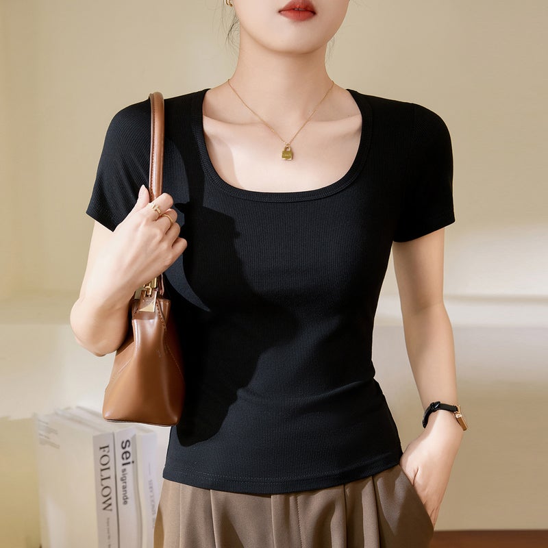 [Take A Good Material] High Elastic Threaded Cotton 2025 Versatile T-Shirt Women'S Short-Sleeved Top Square Collar Bottoming Shirt - Image 1
