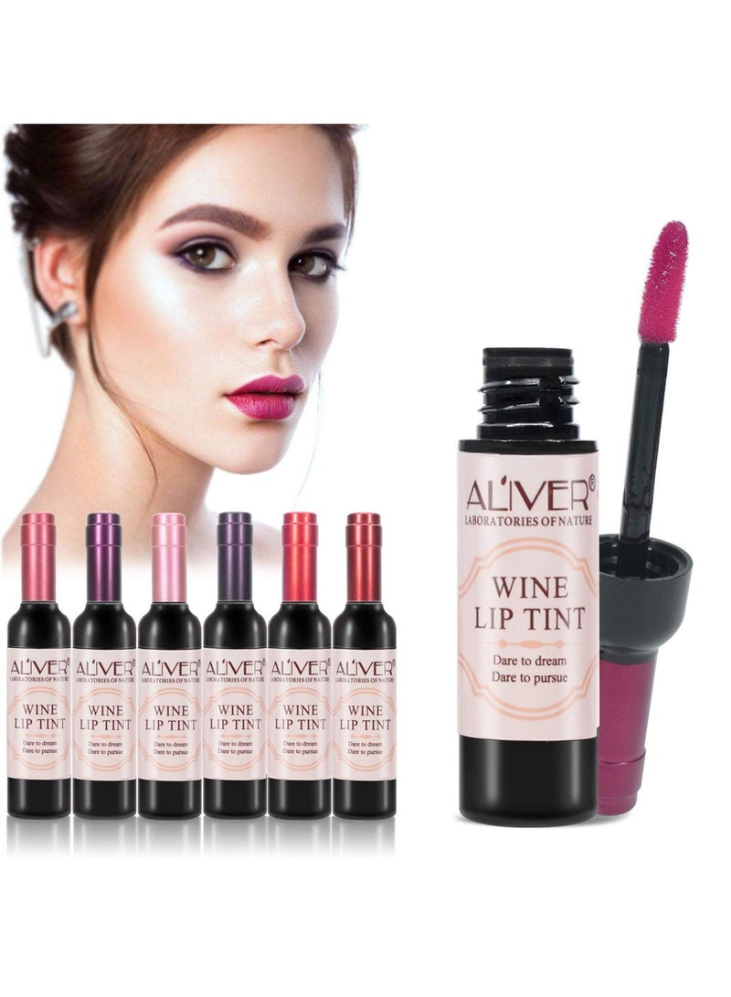 ALIVER مجموعة أحمر الشفاه ALIVER Wine Lip Tint، 6 ألوان، مجموعة أحمر شفاه غير لامع، مجموعة أحمر شفاه طويلة الأمد ومضادة للماء، ملمع شفاه، مرطب، يدوم طويلاً ومضاد للماء - Image 1