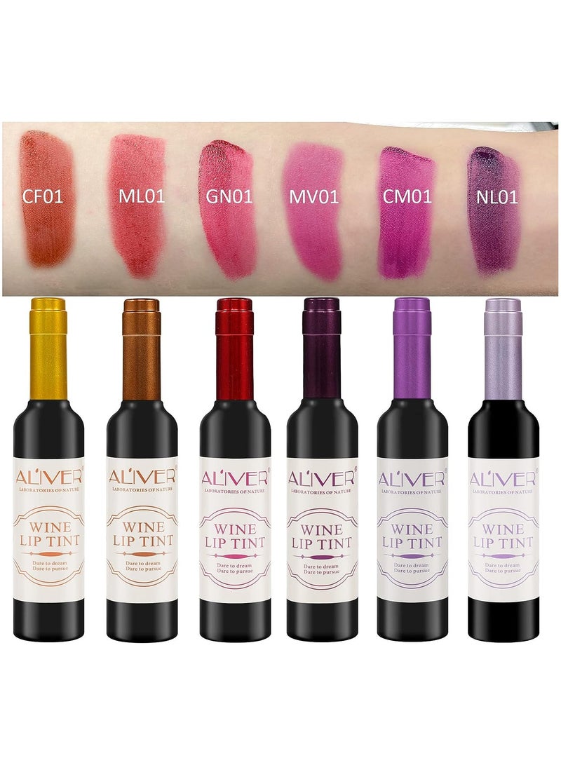 ALIVER مجموعة أحمر الشفاه ALIVER Wine Lip Tint، 6 ألوان، مجموعة أحمر شفاه غير لامع، مجموعة أحمر شفاه طويلة الأمد ومضادة للماء، ملمع شفاه، مرطب، يدوم طويلاً ومضاد للماء - Image 2