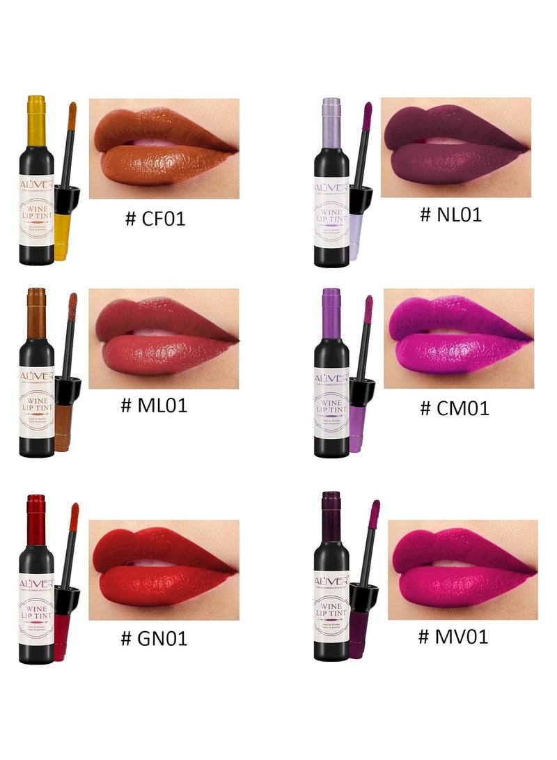ALIVER مجموعة أحمر الشفاه ALIVER Wine Lip Tint، 6 ألوان، مجموعة أحمر شفاه غير لامع، مجموعة أحمر شفاه طويلة الأمد ومضادة للماء، ملمع شفاه، مرطب، يدوم طويلاً ومضاد للماء - Image 4