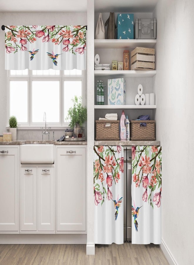 Tayney Flower Bird Kitchen Window Curtains Valance and Tier Set 36 Inch, Spring Hummingbird Watercolor Pink Botanical Rod Pocket Short Tier Curtain, Floral Small Cafe Drapes for Kitchen Decor - Image 2