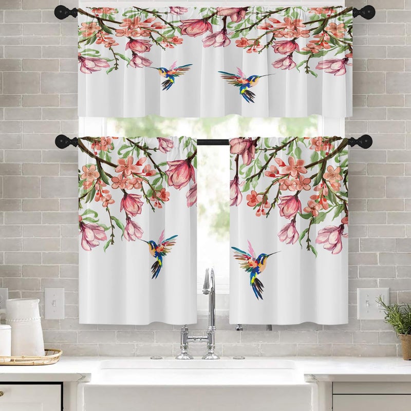 Tayney Flower Bird Kitchen Window Curtains Valance and Tier Set 36 Inch, Spring Hummingbird Watercolor Pink Botanical Rod Pocket Short Tier Curtain, Floral Small Cafe Drapes for Kitchen Decor - Image 1