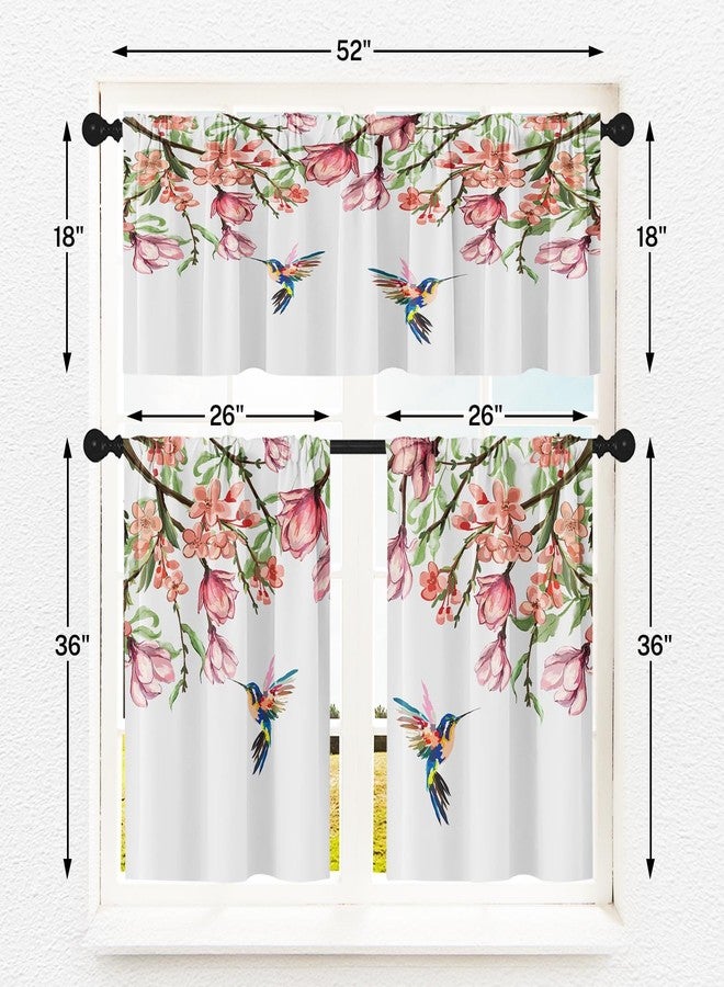 Tayney Flower Bird Kitchen Window Curtains Valance and Tier Set 36 Inch, Spring Hummingbird Watercolor Pink Botanical Rod Pocket Short Tier Curtain, Floral Small Cafe Drapes for Kitchen Decor - Image 4