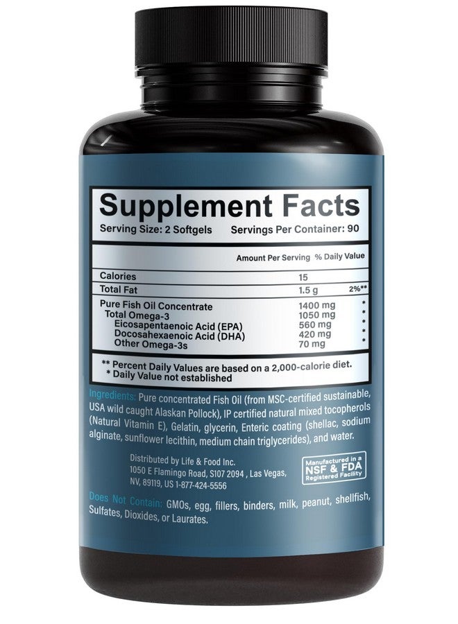 Generic Omega-3 Supreme 1400 mg Wild Alaskan Fish Oil | IFOS Certified EPA DHA, Sustainable, Burpless, Veg Enteric Coated for Absorption (3 Mo Supply,180 Softgels)  - Image 2