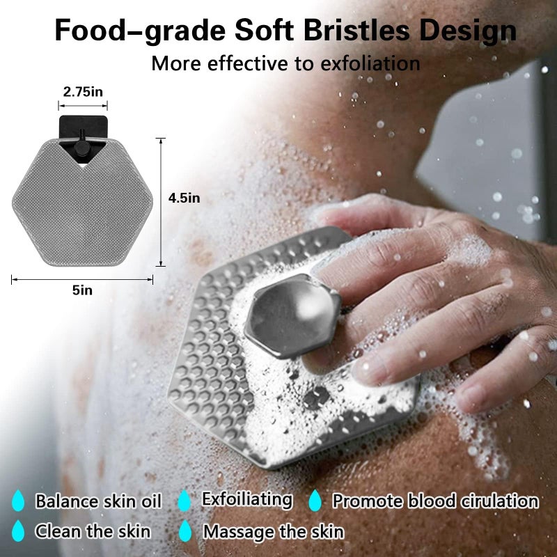 JZS Body Scrubber & Storage Hook Set, Silicone Shower & Bathroom Accessory, Features Silicone-Grip Technology, Removable & Reusable Gentle Exfoliator Pad & Massager (Grey) - Image 4