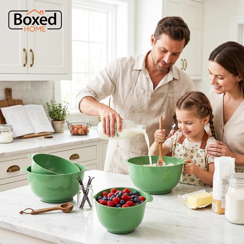 BoxedHome مجموعة أوعية خلط من مكونة من 4 قطع مصنوعة من البلاستيك الخالي من BPA، أخضر تفاحي - مع فوهة، قاعدة مانعة للانزلاق ومقبض، قابلة للتكديس، آمنة للاستخدام في غسالة الأطباق والميكروويف، مثالية للخبز والطهي - Image 2