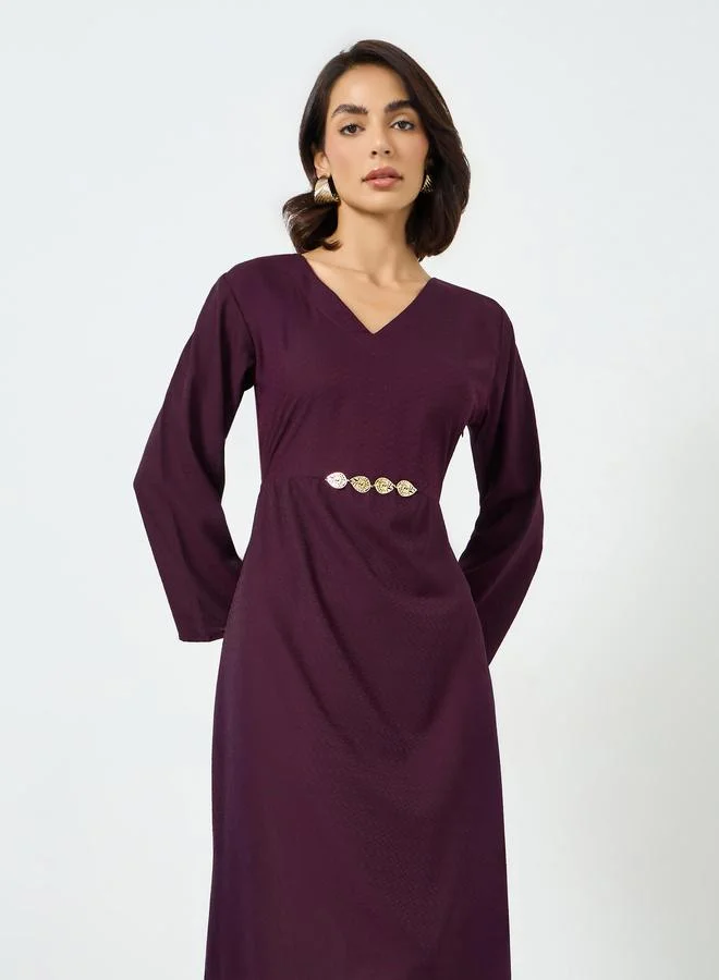 Maxim Creation Burgundy Maxi Dress with Metallic Leaf Detail