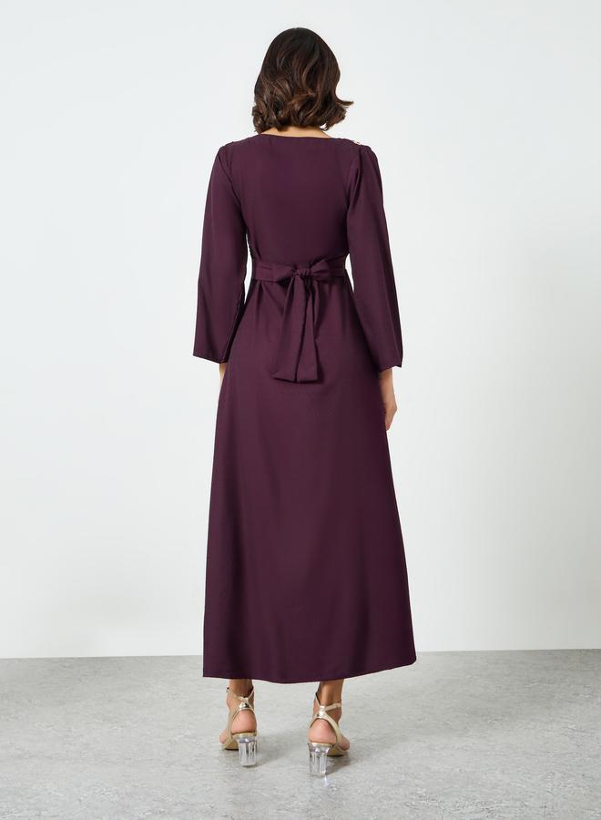 Maxim Creation Burgundy Maxi Dress with Metallic Leaf Detail - Image 3