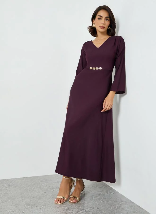 Maxim Creation Burgundy Maxi Dress with Metallic Leaf Detail