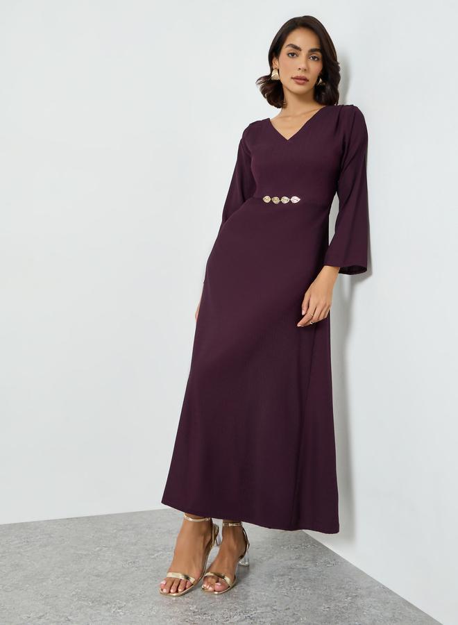 Maxim Creation Burgundy Maxi Dress with Metallic Leaf Detail - Image 1