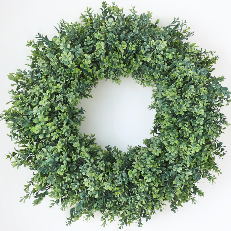 FOTEEWL 32'' Large Boxwood Wreath for Front Door, Porch, Window- Artificial Boxwood Leaves Greenery Outdoor Wreath for Home, Farmhouse Wall Decor- Spring, Summer, Fall, All Seasons (Green) - Image 1