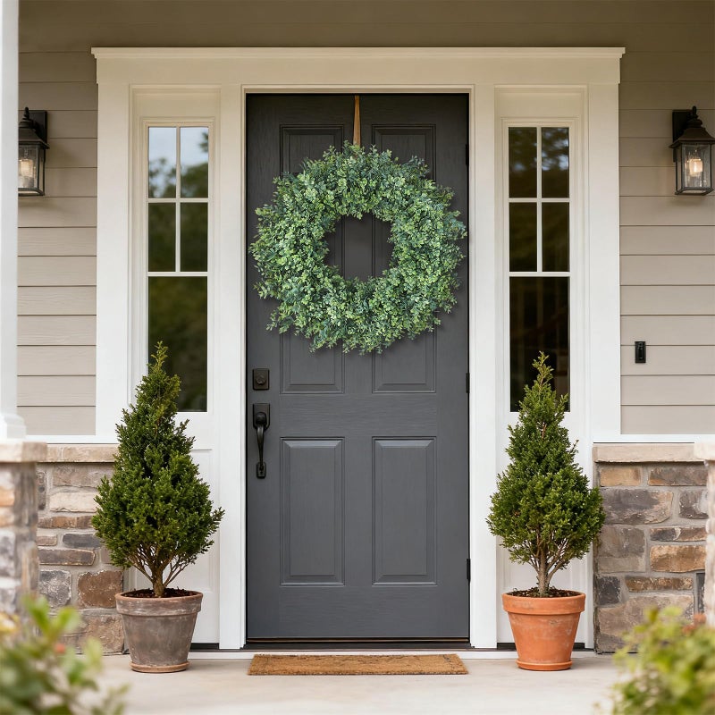 FOTEEWL 32'' Large Boxwood Wreath for Front Door, Porch, Window- Artificial Boxwood Leaves Greenery Outdoor Wreath for Home, Farmhouse Wall Decor- Spring, Summer, Fall, All Seasons (Green) - Image 3