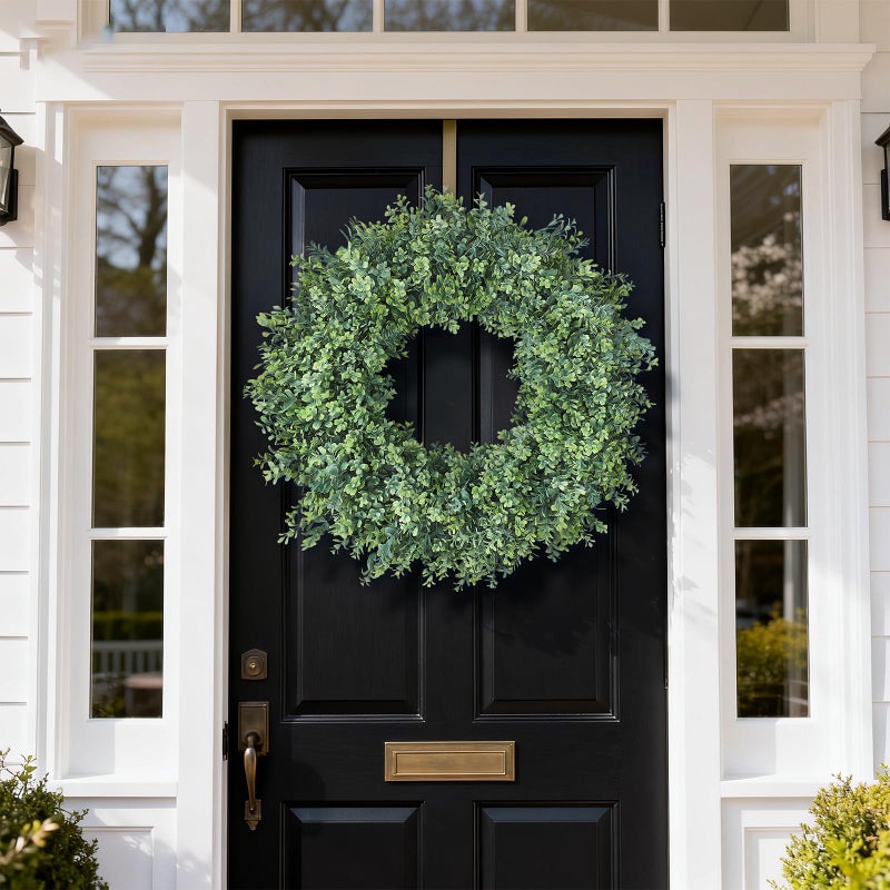 FOTEEWL 32'' Large Boxwood Wreath for Front Door, Porch, Window- Artificial Boxwood Leaves Greenery Outdoor Wreath for Home, Farmhouse Wall Decor- Spring, Summer, Fall, All Seasons (Green) - Image 2