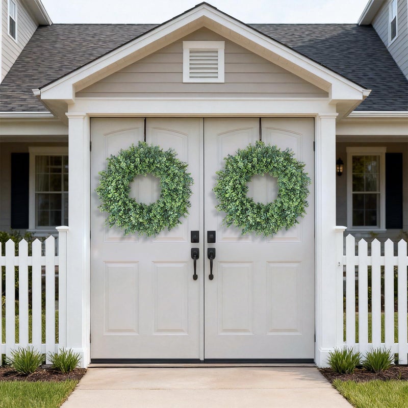 FOTEEWL 32'' Large Boxwood Wreath for Front Door, Porch, Window- Artificial Boxwood Leaves Greenery Outdoor Wreath for Home, Farmhouse Wall Decor- Spring, Summer, Fall, All Seasons (Green) - Image 4