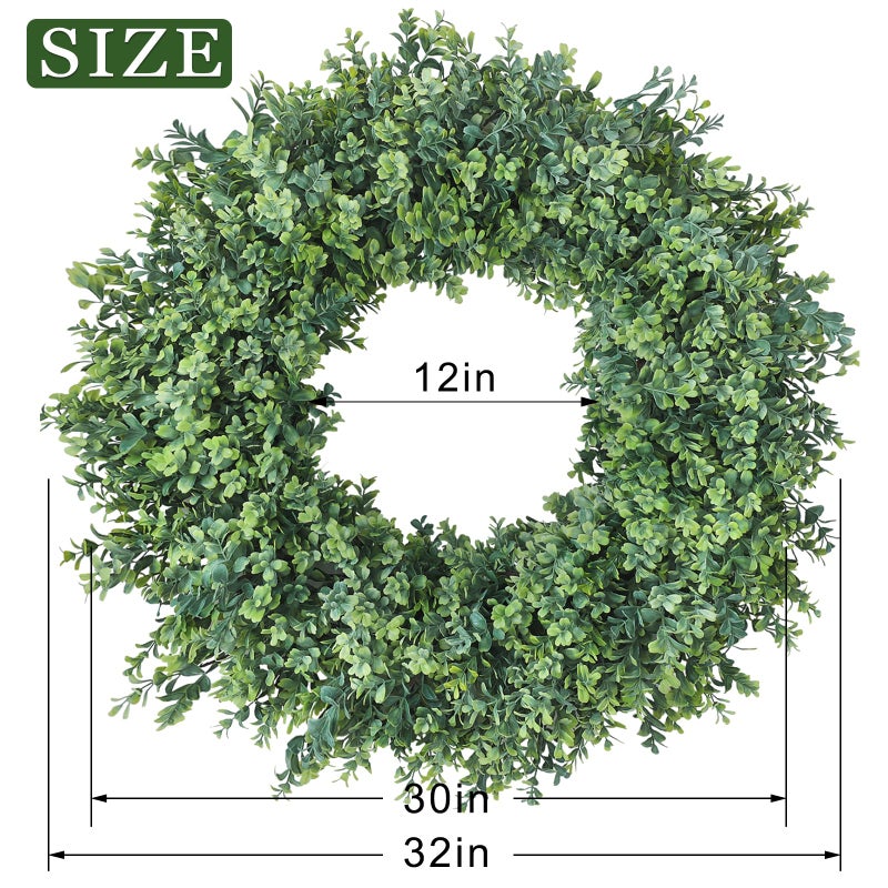 FOTEEWL 32'' Large Boxwood Wreath for Front Door, Porch, Window- Artificial Boxwood Leaves Greenery Outdoor Wreath for Home, Farmhouse Wall Decor- Spring, Summer, Fall, All Seasons (Green) - Image 5