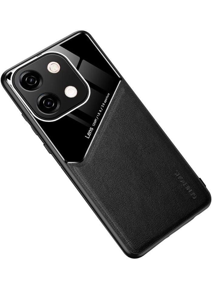 جراب متوافق مع هاتف Vivo Y28 4G، غطاء فاخر من الجلد والزجاج مع حامل مغناطيسي للسيارة، غطاء هاتف بإطار ناعم - أسود