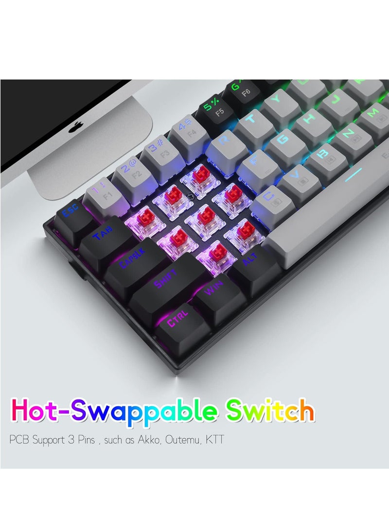 إي-يوسو لوحة مفاتيح ألعاب RGB بنسبة 65%، لوحة مفاتيح ميكانيكية سلكية مكونة من 68 مفتاحًا باللون الأحمر، وكابل USB-C قابل للفصل، ومفاتيح أسهم منفصلة لألعاب المكتب - رمادي أسود - Image 2