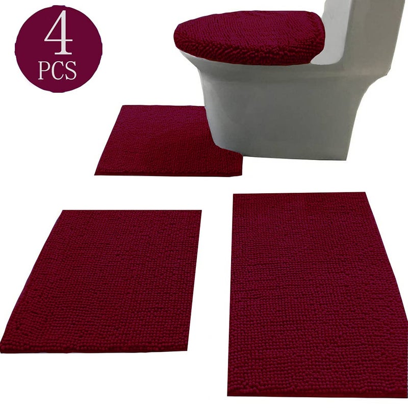 Madeals Bath Rug Set 4 Piece with Toilet Lid Cover Combo, Soft Shaggy Bath Rug Set 3 Piece and U-Shaped Toilet Floor Rug Burgundy