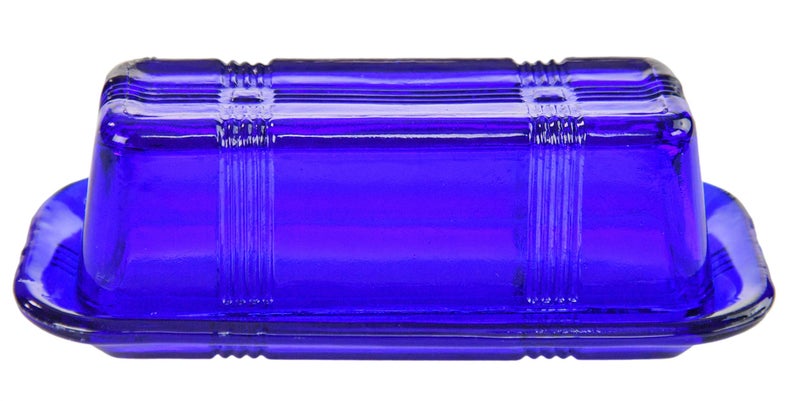 Home-X HomeX Glass Butter Dish With Lid  Vintage Style Keeper for Countertop Retro Container With Cover Dishwasher Safe Holder 6 34 L x 3 14 W x 2 12 H Blue