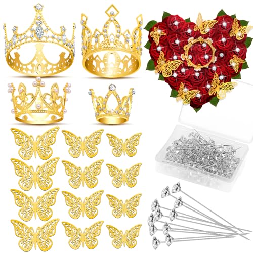 cridoz Gold Crowns for Flower Bouquets, Flower Bouquet Accessories Including 4 Pcs Bouquet Crown, 12 Pcs Butterfly Decorations and 50 Pcs Flower Pins for Birthday Wedding Baby Shower - Image 1