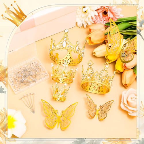 cridoz Gold Crowns for Flower Bouquets, Flower Bouquet Accessories Including 4 Pcs Bouquet Crown, 12 Pcs Butterfly Decorations and 50 Pcs Flower Pins for Birthday Wedding Baby Shower - Image 2