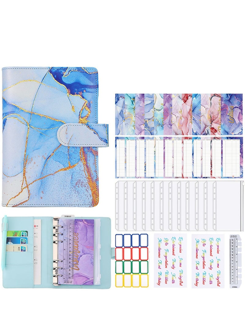 Suntown Budget Binder with Zipper Envelopes, Cash Envelopes for Budgeting, A6 PU Leather Budget Binder Planner with 12 Pcs Clear Zipper Envelopes, 12 Pcs Budget Sheets for Budgeting, Saving Money(Azure) - Image 1