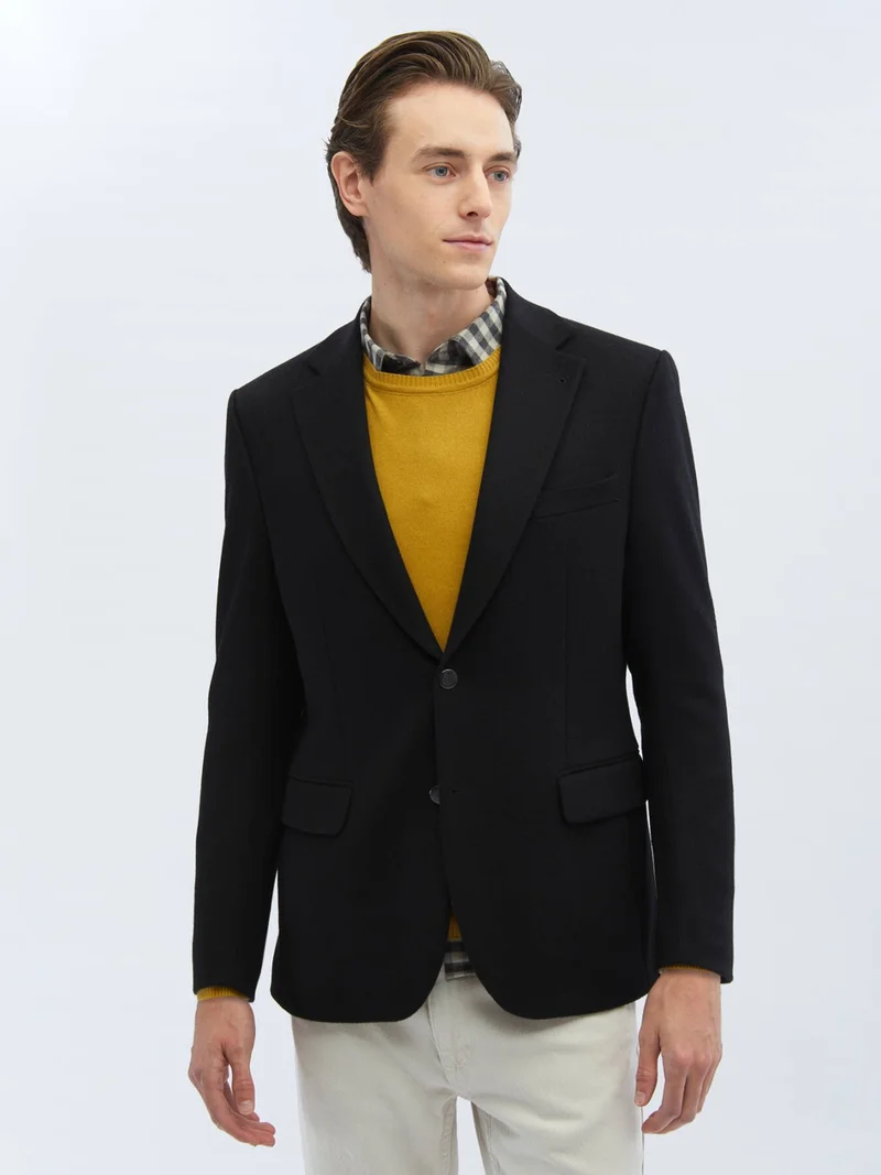 Kip Black Plain Regular Fit Wool Blend Jacket