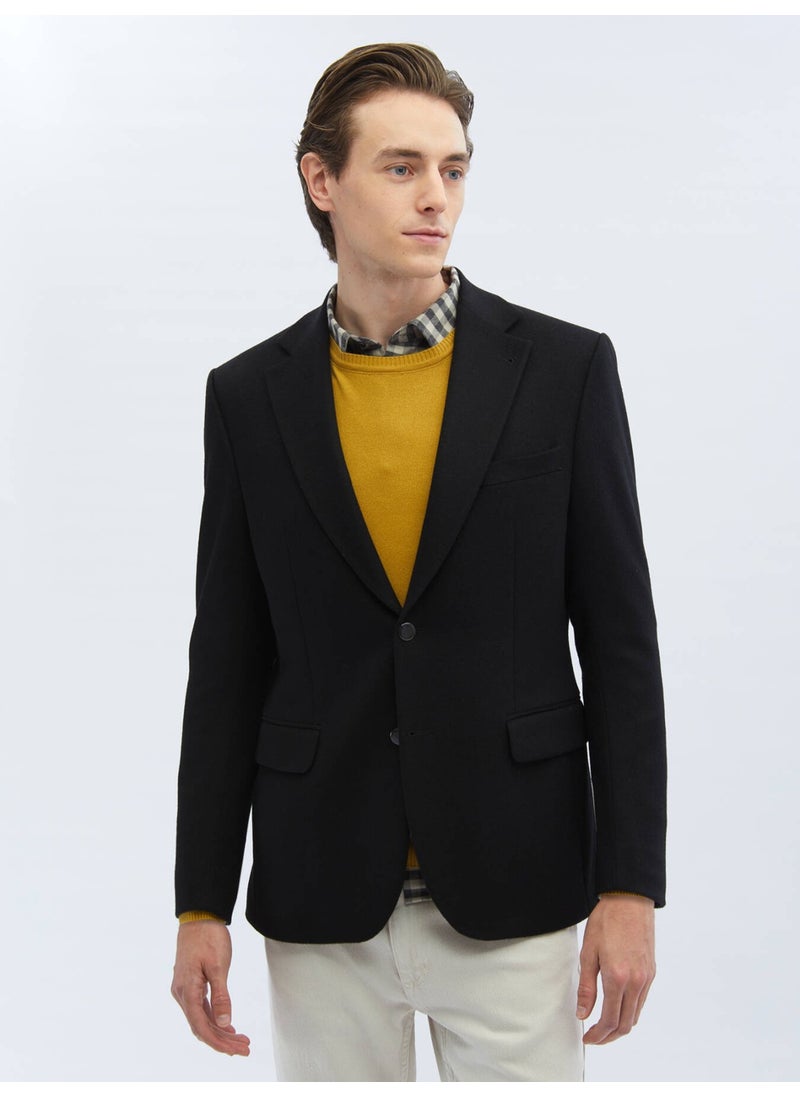 Black Plain Regular Fit Wool Blend Jacket