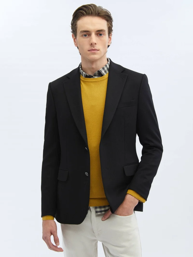 Kip Black Plain Regular Fit Wool Blend Jacket