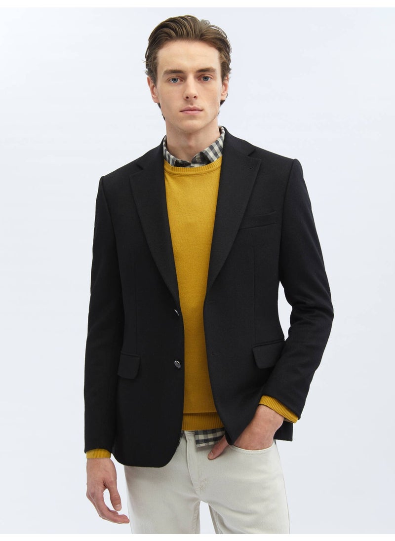 Black Plain Regular Fit Wool Blend Jacket