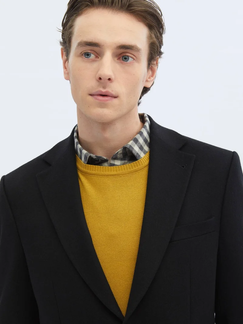 Kip Black Plain Regular Fit Wool Blend Jacket