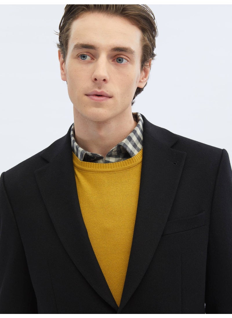 Black Plain Regular Fit Wool Blend Jacket