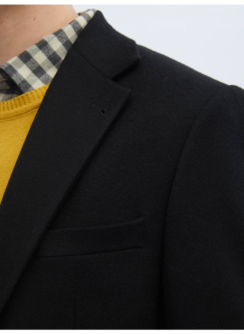 Black Plain Regular Fit Wool Blend Jacket