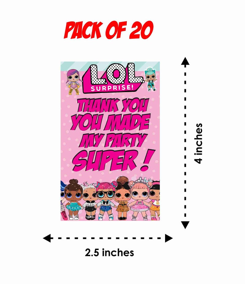 Balloonistics LOLO Surprise Theme Thank You Cards for Kids Birthday – Pack of 20 Small Return Gift Tags – Premium Cardstock Dolls & Divas Note Cards for Glamorous Party Favors - Image 4