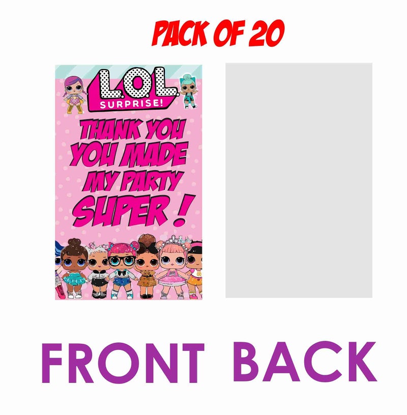 Balloonistics LOLO Surprise Theme Thank You Cards for Kids Birthday – Pack of 20 Small Return Gift Tags – Premium Cardstock Dolls & Divas Note Cards for Glamorous Party Favors - Image 2