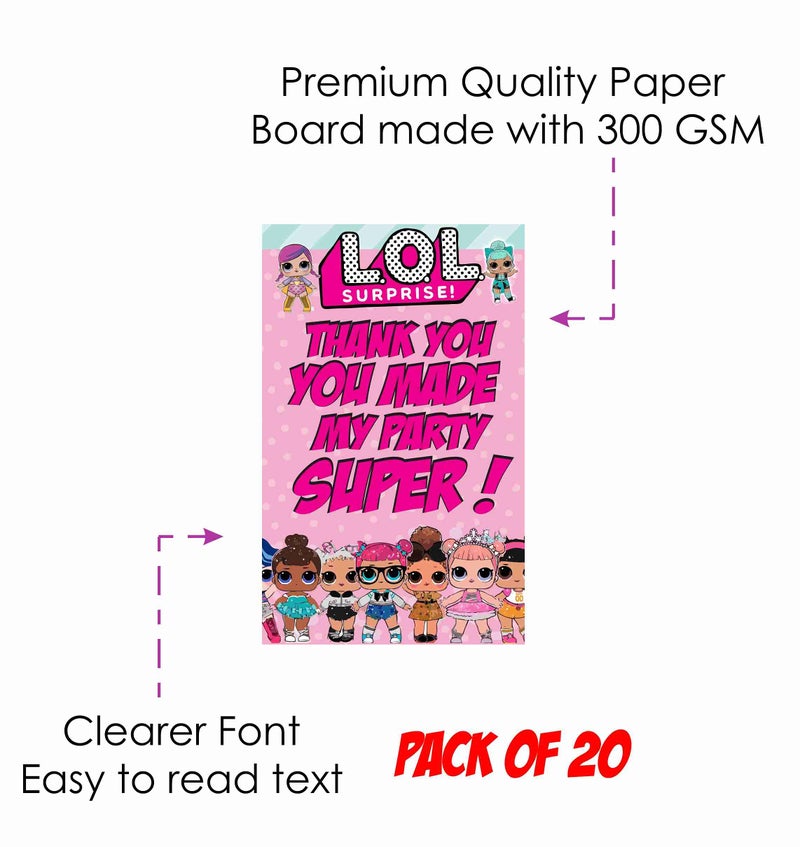 Balloonistics LOLO Surprise Theme Thank You Cards for Kids Birthday – Pack of 20 Small Return Gift Tags – Premium Cardstock Dolls & Divas Note Cards for Glamorous Party Favors - Image 3