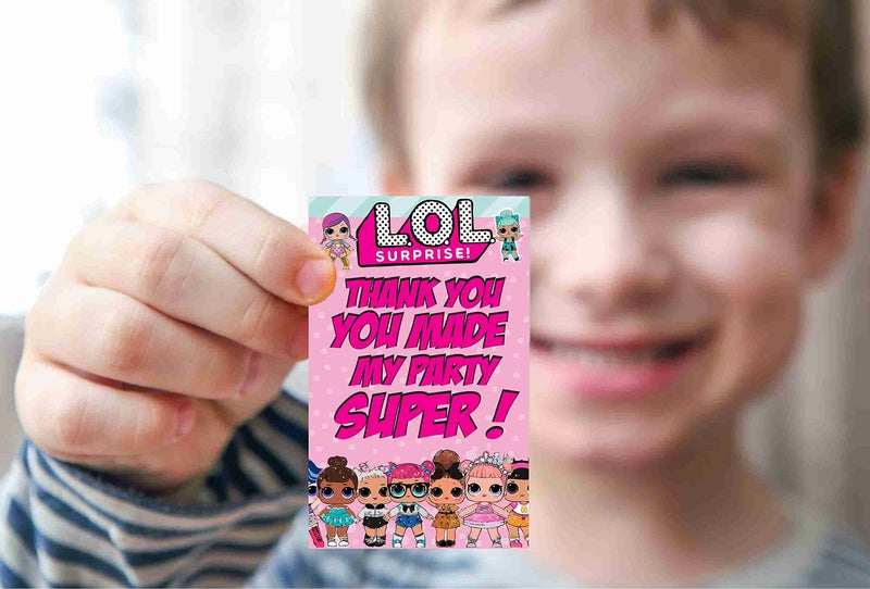 Balloonistics LOLO Surprise Theme Thank You Cards for Kids Birthday – Pack of 20 Small Return Gift Tags – Premium Cardstock Dolls & Divas Note Cards for Glamorous Party Favors - Image 5