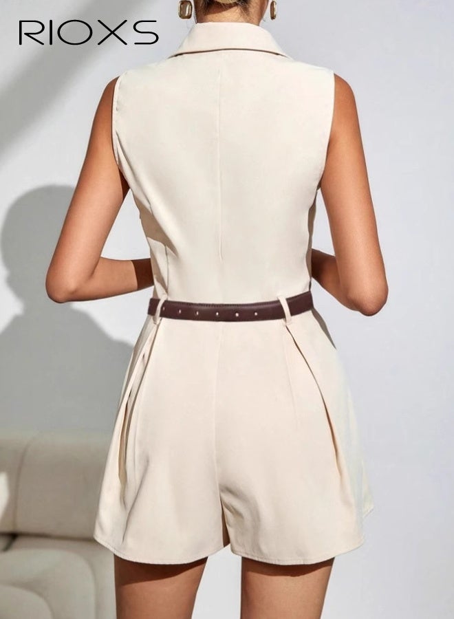 ريوكس بذلة قصيرة من قطعة واحدة للنساء، بذلة أنيقة بدون أكمام وياقة على شكل V مع بنطال قصير واسع بثنيات، بذلات صيفية غير رسمية للذهاب إلى العمل أو المواعدة أو الحفلات أو الإجازات أو العمل، باللون البيج - Image 2