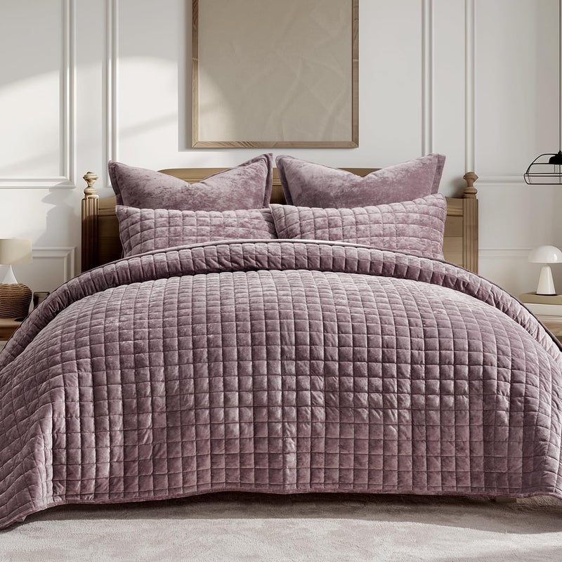 RECYCO Luxury Velvet Quilt Set King Size Bedding Sets, Ultra Soft Velvet Comforter Set, Lightweight Grid Box Stitch Oversized Bedspread Coverlet for All Season, with 2 Shams, Purple - Image 1