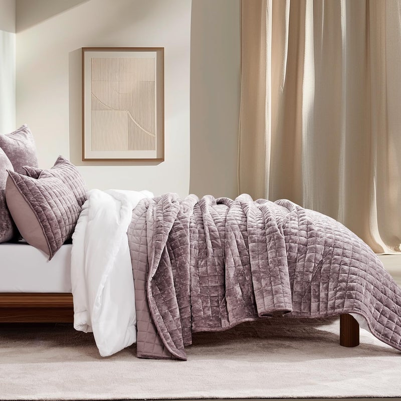 RECYCO Luxury Velvet Quilt Set King Size Bedding Sets, Ultra Soft Velvet Comforter Set, Lightweight Grid Box Stitch Oversized Bedspread Coverlet for All Season, with 2 Shams, Purple - Image 2