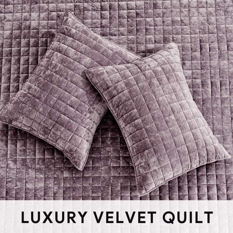 RECYCO Luxury Velvet Quilt Set King Size Bedding Sets, Ultra Soft Velvet Comforter Set, Lightweight Grid Box Stitch Oversized Bedspread Coverlet for All Season, with 2 Shams, Purple - Image 4