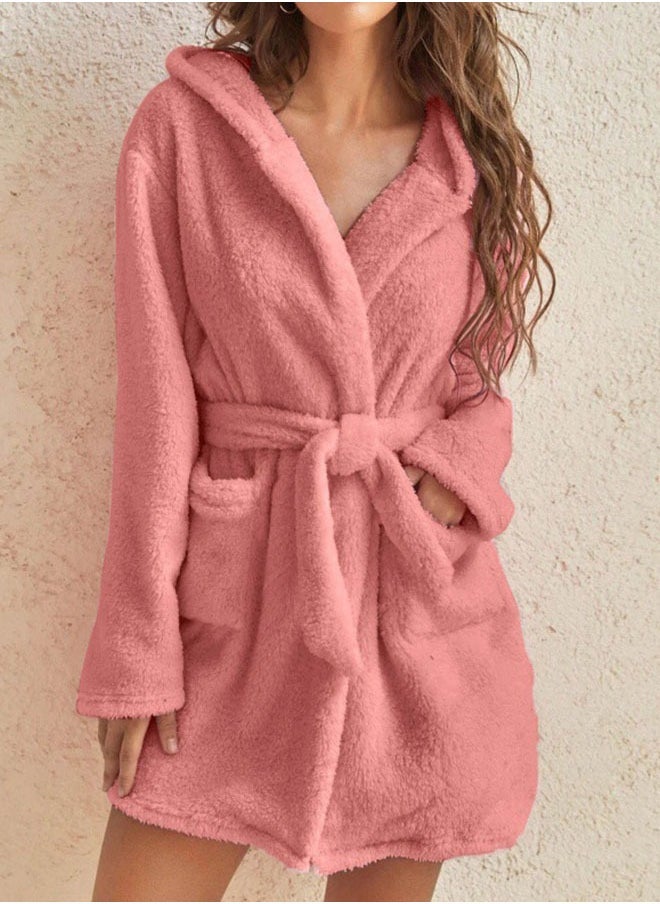 Women Hooded Bathrobe Fleece Lightweight Soft Plush Flannel Sleepwear Fleece Hooded Bathrobes Night Sleepwear Women's Mid Length Plush Robe - Image 2