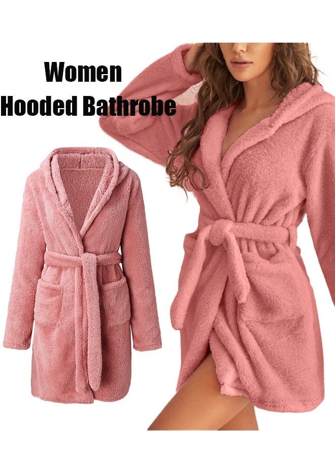 Women Hooded Bathrobe Fleece Lightweight Soft Plush Flannel Sleepwear Fleece Hooded Bathrobes Night Sleepwear Women's Mid Length Plush Robe - Image 1