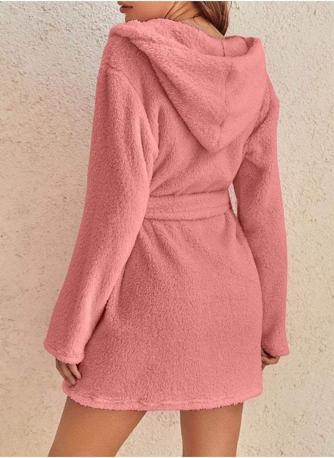 Women Hooded Bathrobe Fleece Lightweight Soft Plush Flannel Sleepwear Fleece Hooded Bathrobes Night Sleepwear Women's Mid Length Plush Robe - Image 3