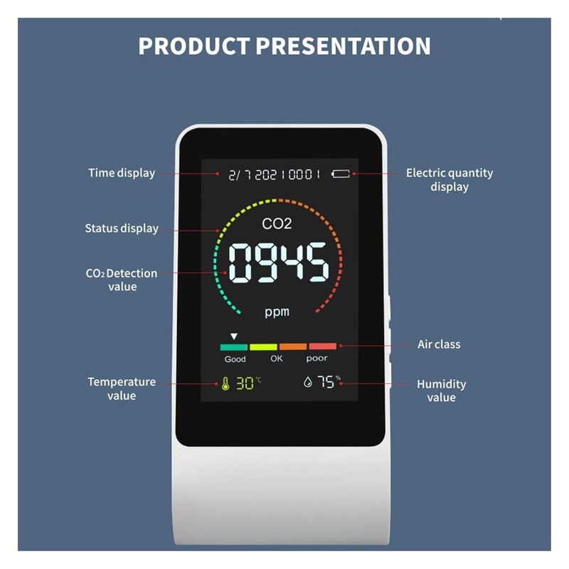 Air Quality Monitor, 3 In1 CO2 Meter Digital Temperature Humidity Sensor Tester Multifunctional Air Quality Monitor Portable - Image 3
