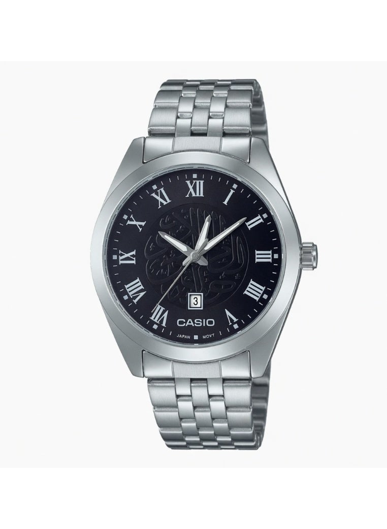 Casio Men's Classic Analog Watch - Black Dial with Arabic Calligraphy, Roman Numerals, Stainless Steel Band - MTP-V004D-1B2