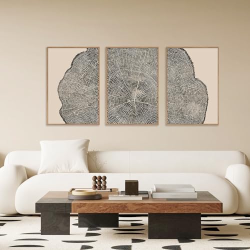 SIKERIC 3 Piece Wood Tree Ring Wall Art, (16X24 inch) Black and White Print Wall Art Set, Large Framed Canvas Art Wall Decor, Modern Abstract Nature Art Paintings for Living Room, Bedroom, Office - Image 3